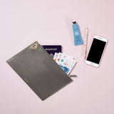 Grey Italian Leather Large Pouch Clutch