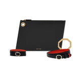 Black Leather Pouch with Belt and Bracelet as Clutch Wristlet or Cross Body