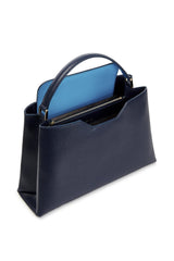 Navy Blue Midi Saffiano Leather Handbag - Designer Stacy Chan