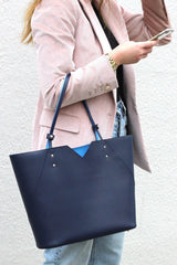 Navy Blue Leather Tote Bag - Designer Stacy Chan
