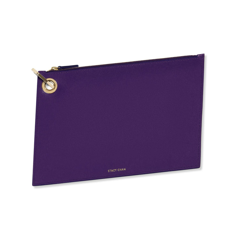 Purple Italian Leather Large Pouch Clutch with Gold Keyring