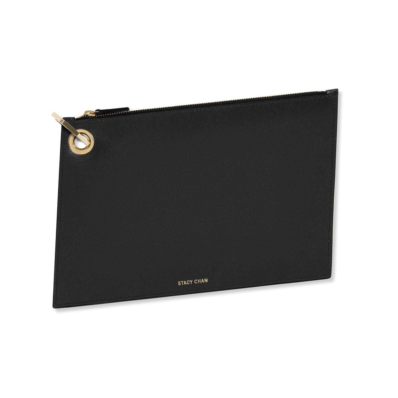 Navy blue Italian Leather Large Pouch Clutch with Gold Keyring