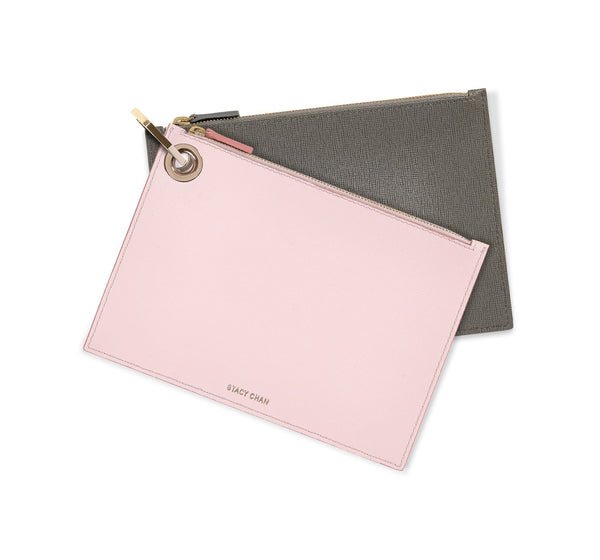 Pink & Grey Leather Pouch Clutch Set