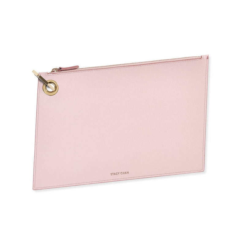 Pink Italian Leather Pouch Clutch with Gold Keyring