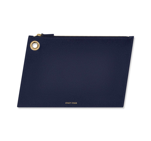 Navy Italian Leather Large Clutch Pouch