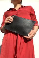 Black Leather Pouch with Keyring as Clutch
