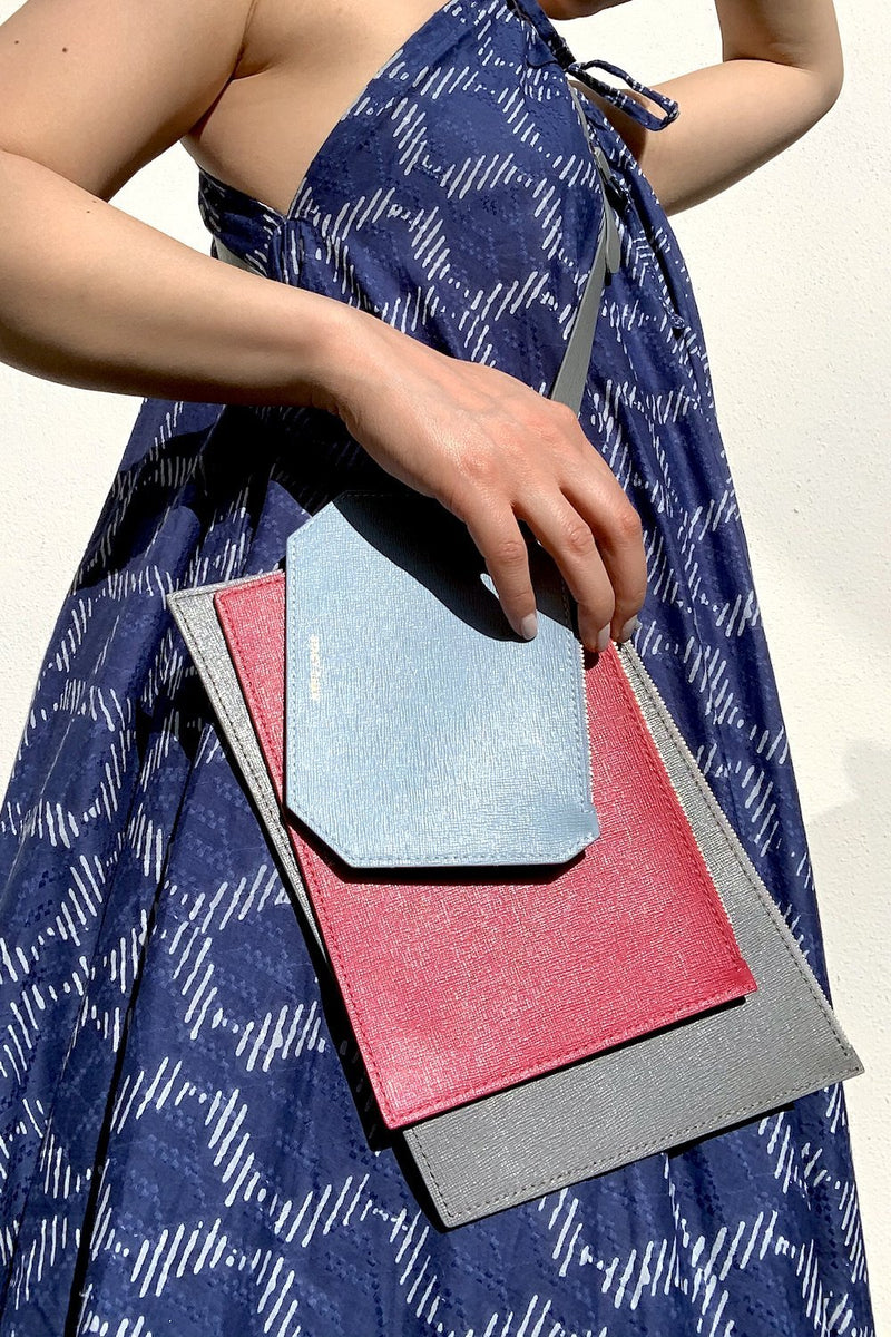 Grey Fuchsia and Powder Blue Leather Pouches with Bracelet as Cross Body