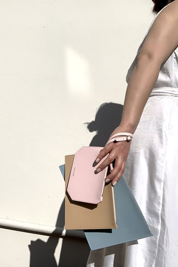 Powder Blue Nude Beige and Pink Leather Pouches with Bracelet as Wristlet