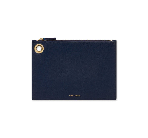 Navy Blue Italian Leather Pouch Clutch