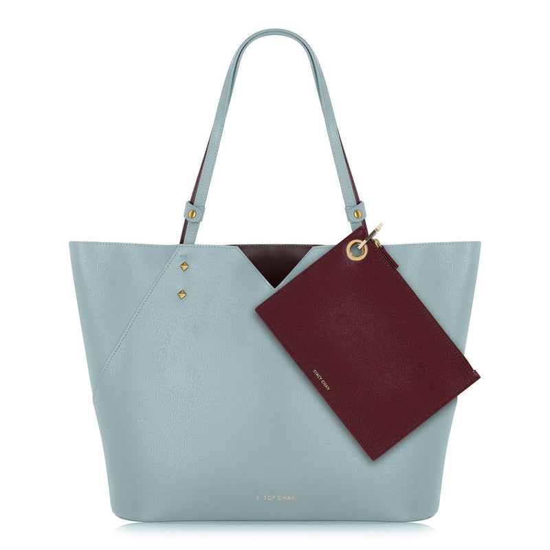 Powder Blue Leather Tote with Burgundy Leather Pouch Clutch