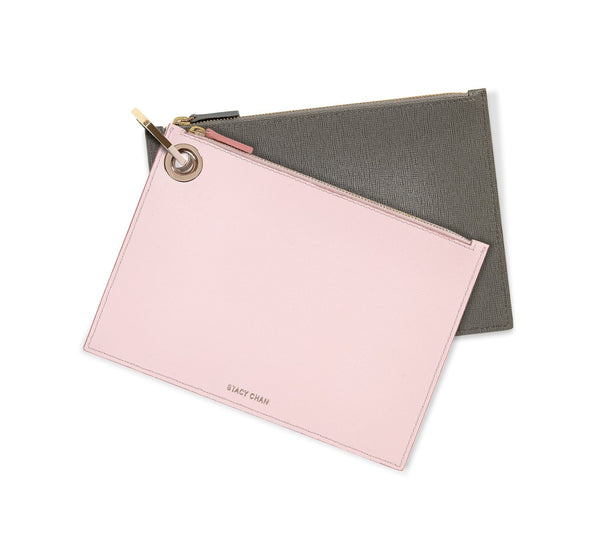 Pink & Grey Leather Medium Pouch Clutch Set