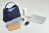 Navy Blue Leather Midi Work Bag with Nude & Powder Blue Pouch Set