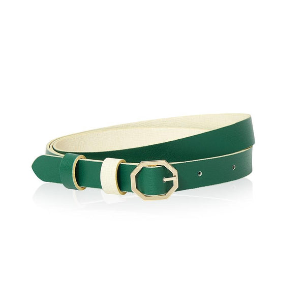 Cream White & Green Leather Belt Reversible - Italian Leather