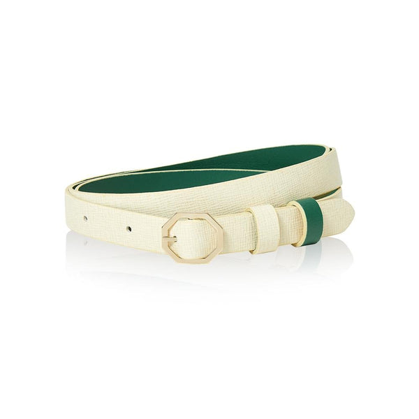 Cream White & Green Leather Belt Reversible - Italian Leather