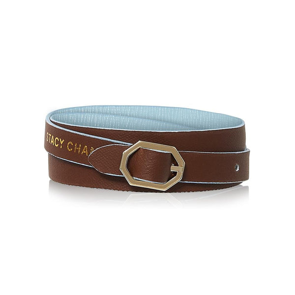 Powder Blue & Brown Leather Bracelet Reversible - Italian Leather