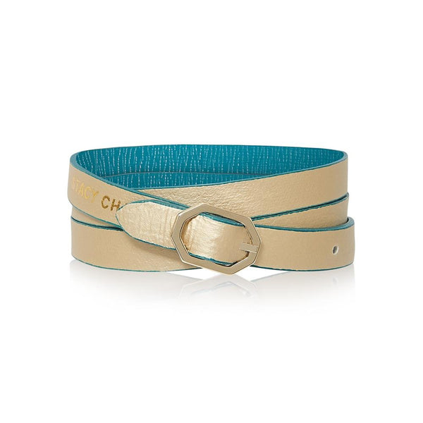 Teal & Gold Leather Bracelet Reversible - Italian Leather