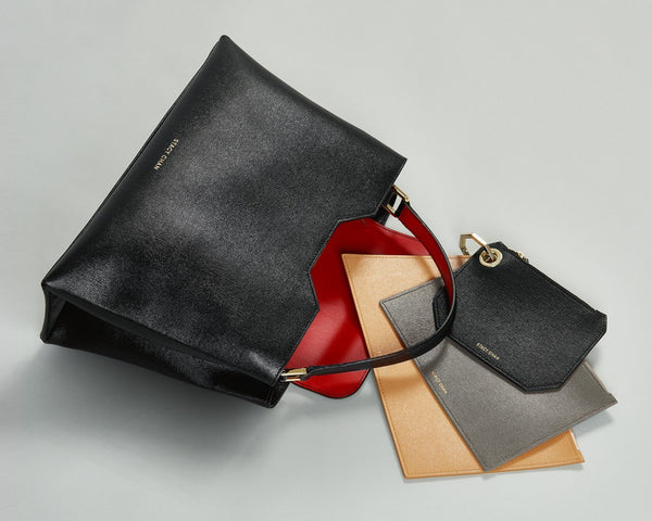 Black Italian Leather Handbag with Grey & Nude Pouch Set